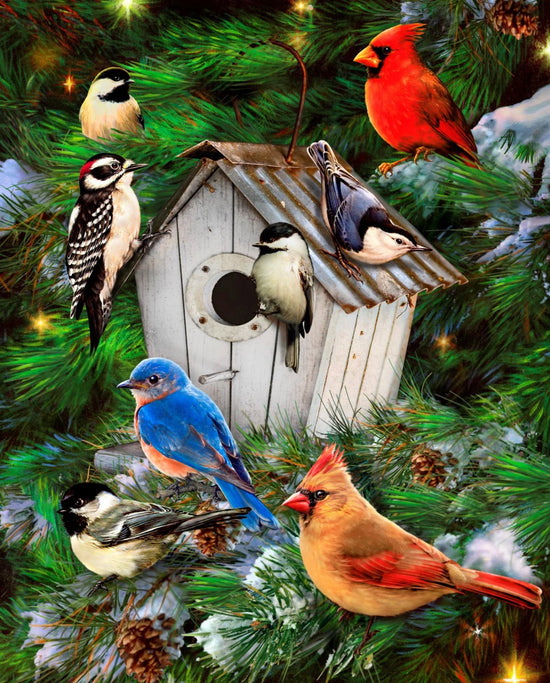 DAVID TEXTILES BIRD HOUSES AND PINES PANEL