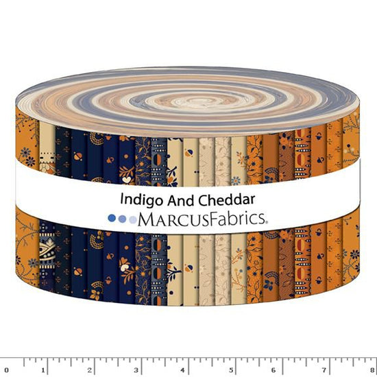 MARCUS FABRICS INDIGO AND CHEDDAR BY JUDIE ROTHERMEL JELLY ROLLS ( 40 2.5" STRIPS)